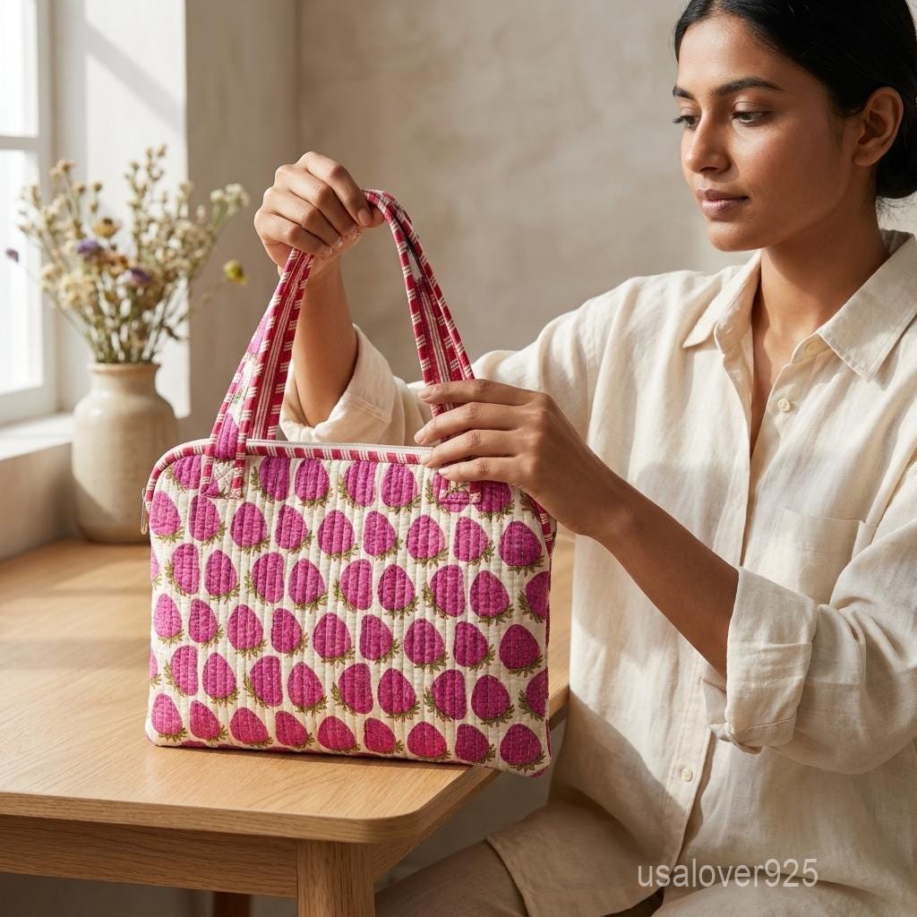 Pink Strawberry Laptop Sleeve, Quilted Cotton MacBook Case, Handmade Padded Laptop Bag Handles