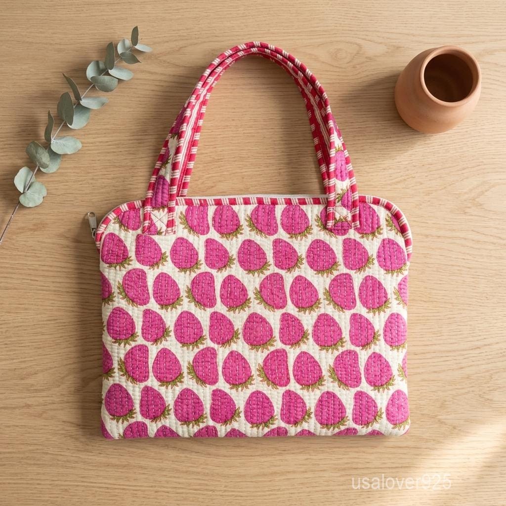 Pink Strawberry Laptop Sleeve, Quilted Cotton MacBook Case, Handmade Padded Laptop Bag Handles