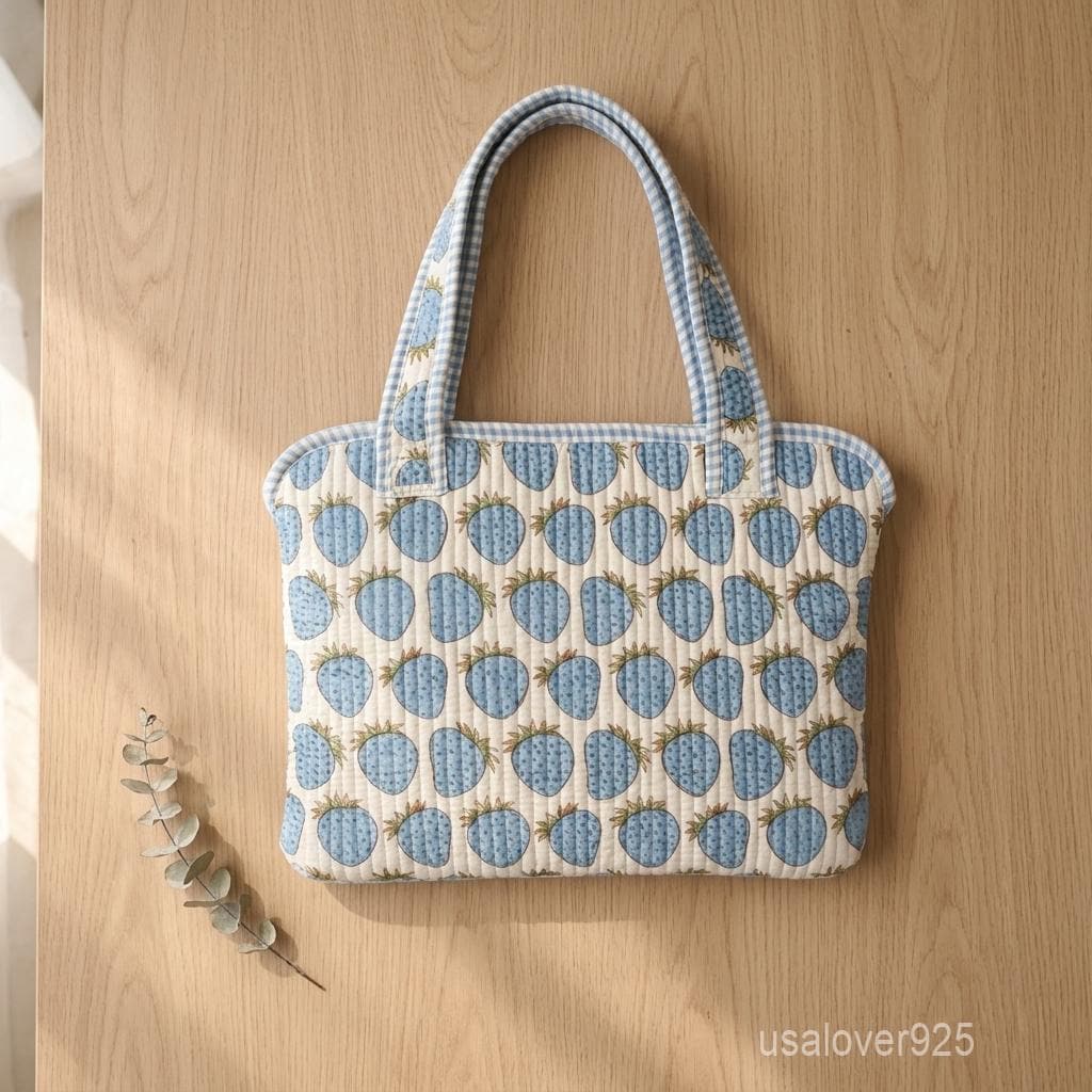 Sky Blue Strawberry Laptop Sleeve, Quilted Cotton MacBook Case, Handmade Padded Laptop Bag Handles
