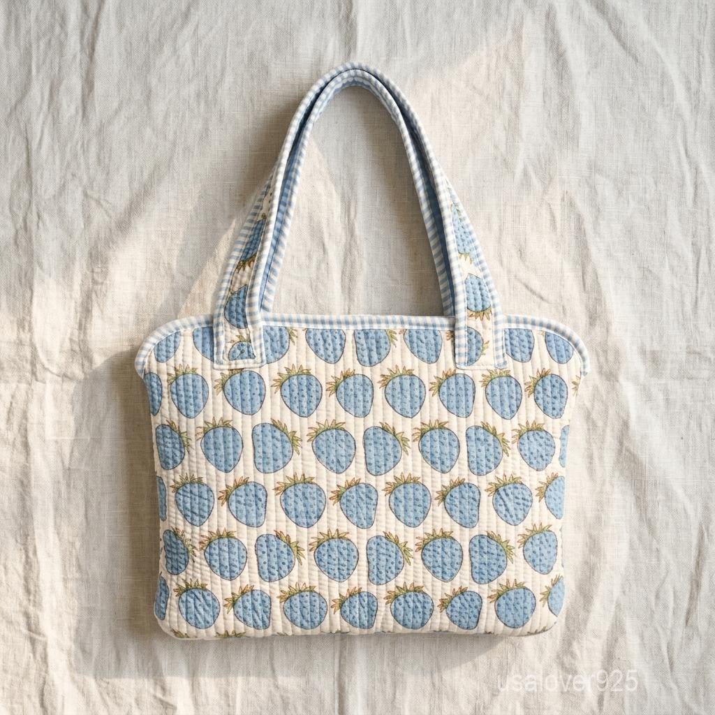 Sky Blue Strawberry Laptop Sleeve, Quilted Cotton MacBook Case, Handmade Padded Laptop Bag Handles