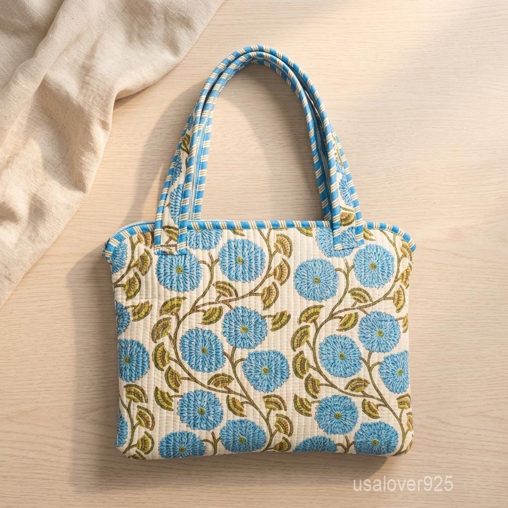 Sky Blue Floral Laptop Sleeve, Quilted Cotton MacBook Case, Handmade Padded Laptop Bag Handles