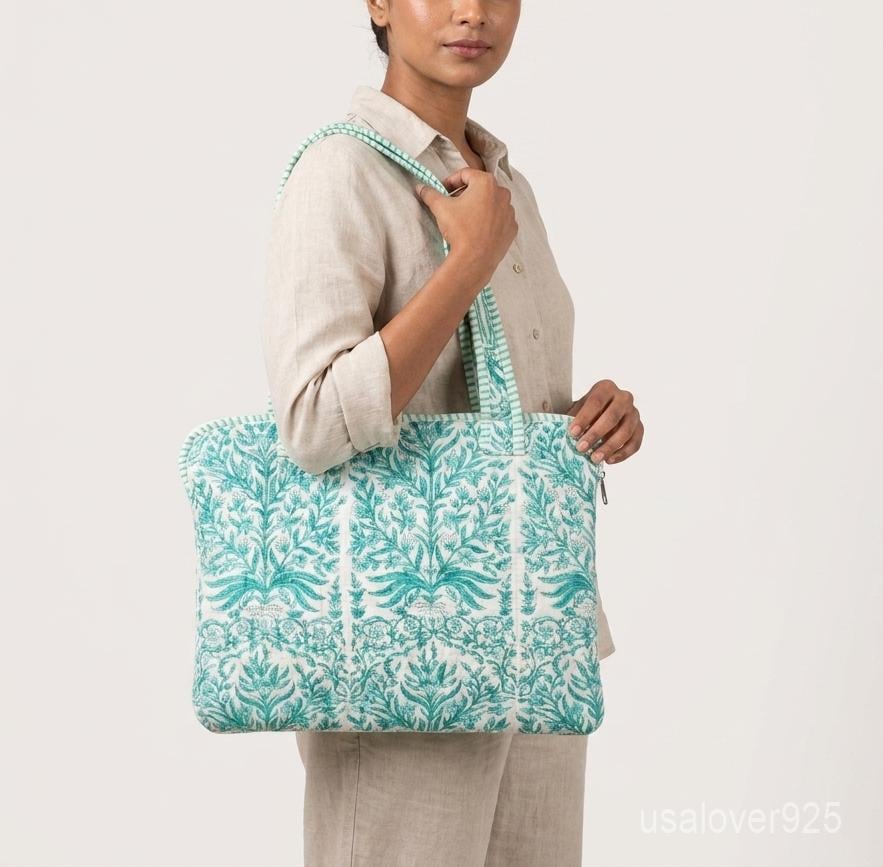 Green Botanical Quilted Cotton Laptop Sleeve - Padded MacBook Case with Sturdy Handles