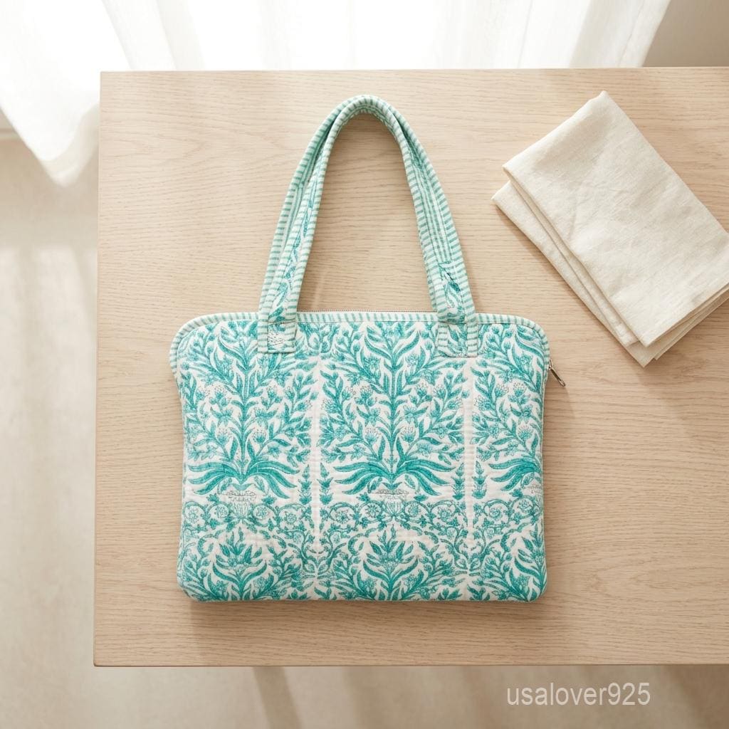 Green Botanical Quilted Cotton Laptop Sleeve - Padded MacBook Case with Sturdy Handles
