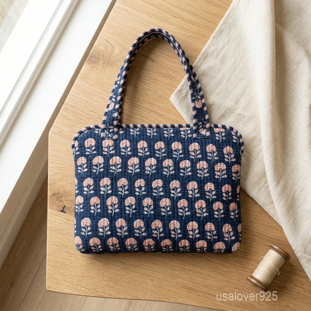 Blue Floral Quilted Cotton Laptop Sleeve, Botanical Padded Computer Tote