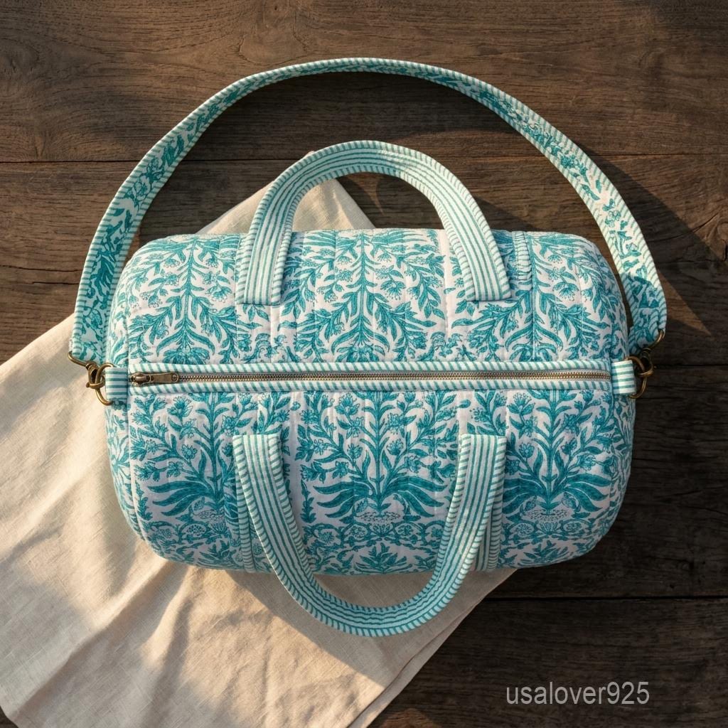 Hand Block Print Duffle Bag, Green Floral Quilted Cotton Weekender Tote