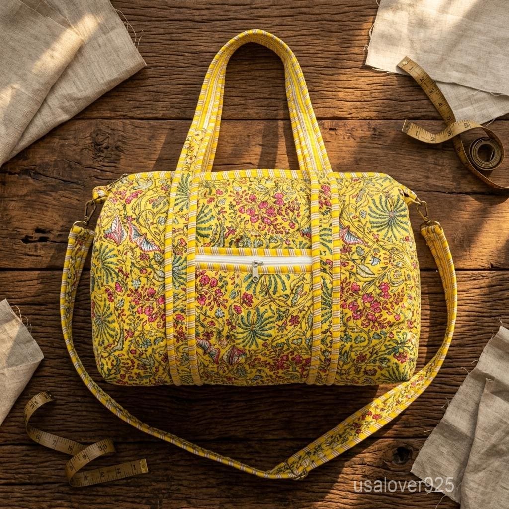Yellow Floral Quilted Cotton Duffle Bag - Handmade Weekender Travel Bag with Adjustable Strap
