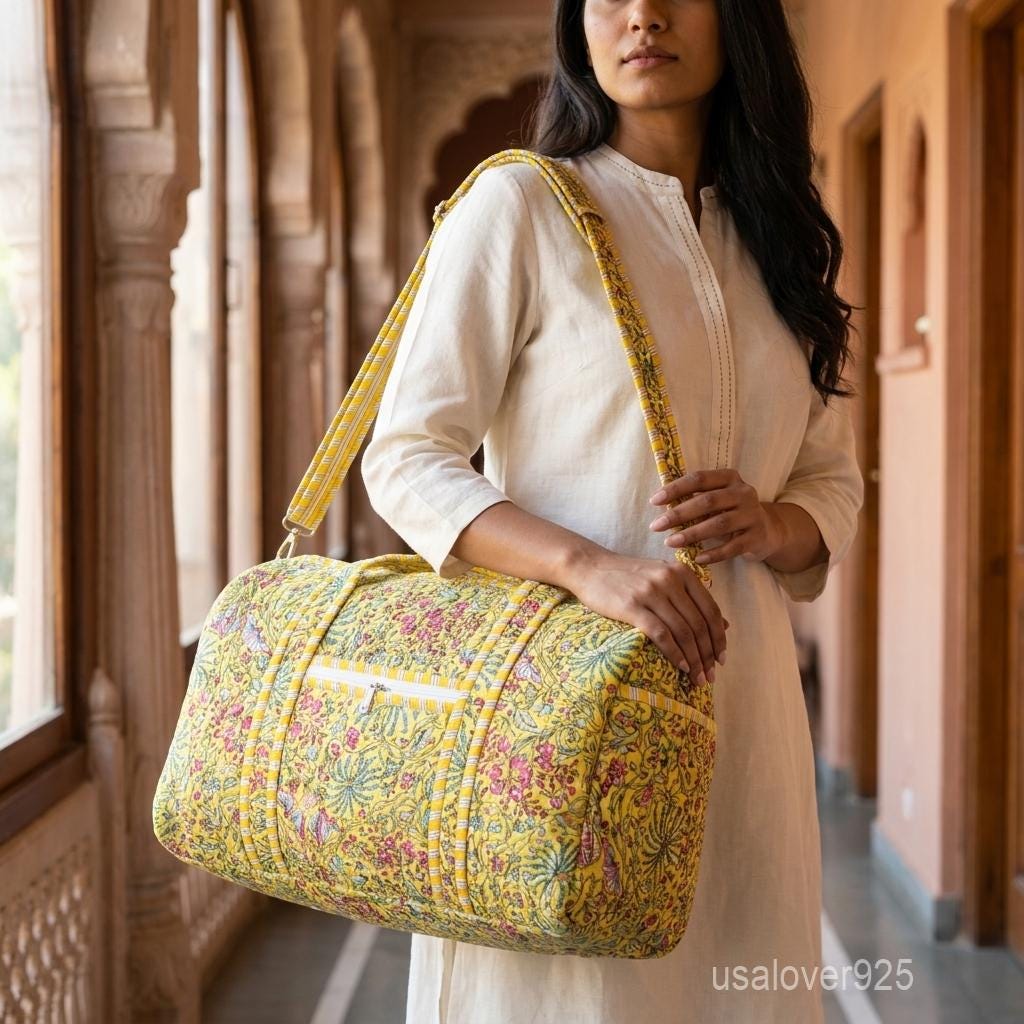 Yellow Floral Quilted Cotton Duffle Bag - Handmade Weekender Travel Bag with Adjustable Strap