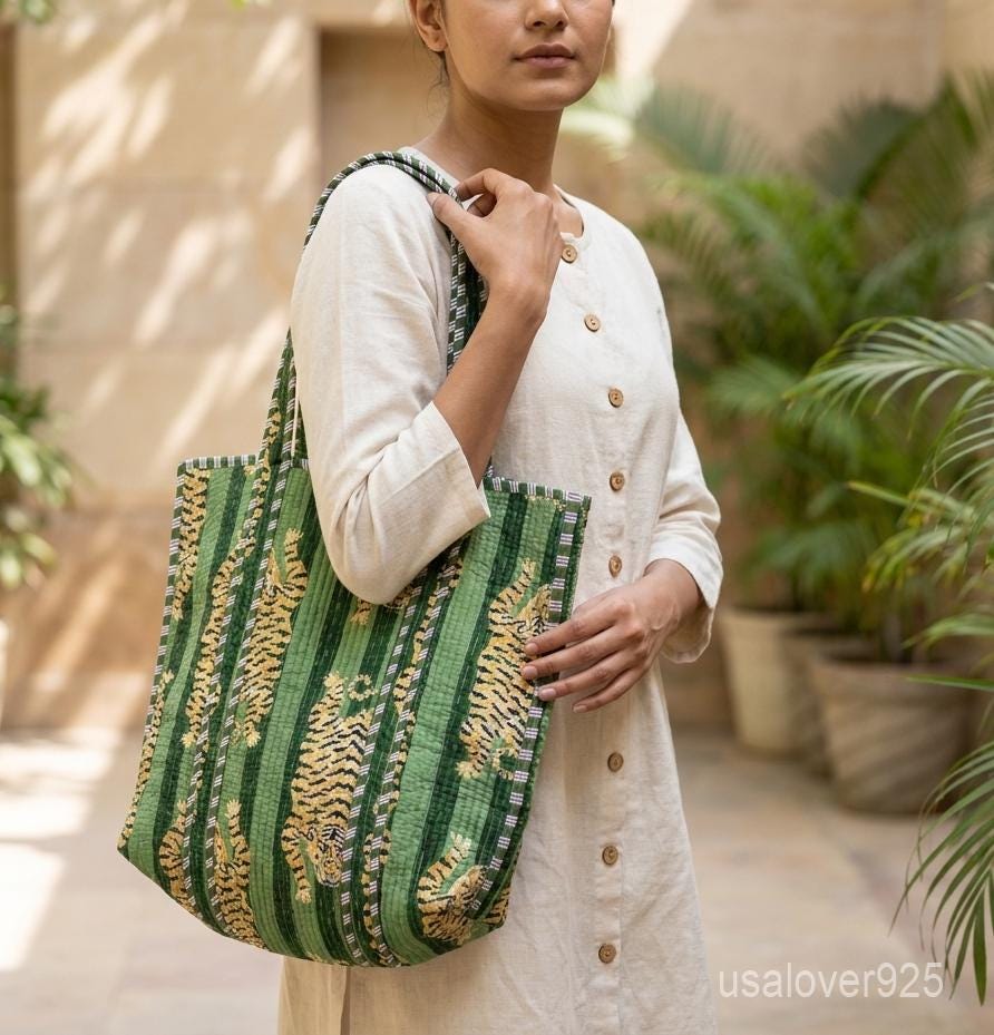 Green Tiger Quilted Tote Bag, Striped Cotton Shoulder Carryall, Artisan Print Purse