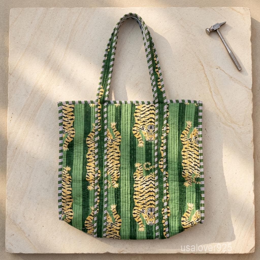 Green Tiger Quilted Tote Bag, Striped Cotton Shoulder Carryall, Artisan Print Purse