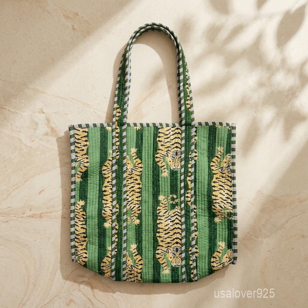 Green Tiger Quilted Tote Bag, Striped Cotton Shoulder Carryall, Artisan Print Purse