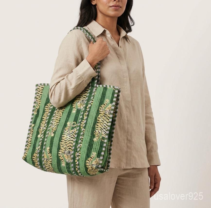 Green Tiger Quilted Tote Bag, Striped Cotton Shoulder Carryall, Artisan Print Purse