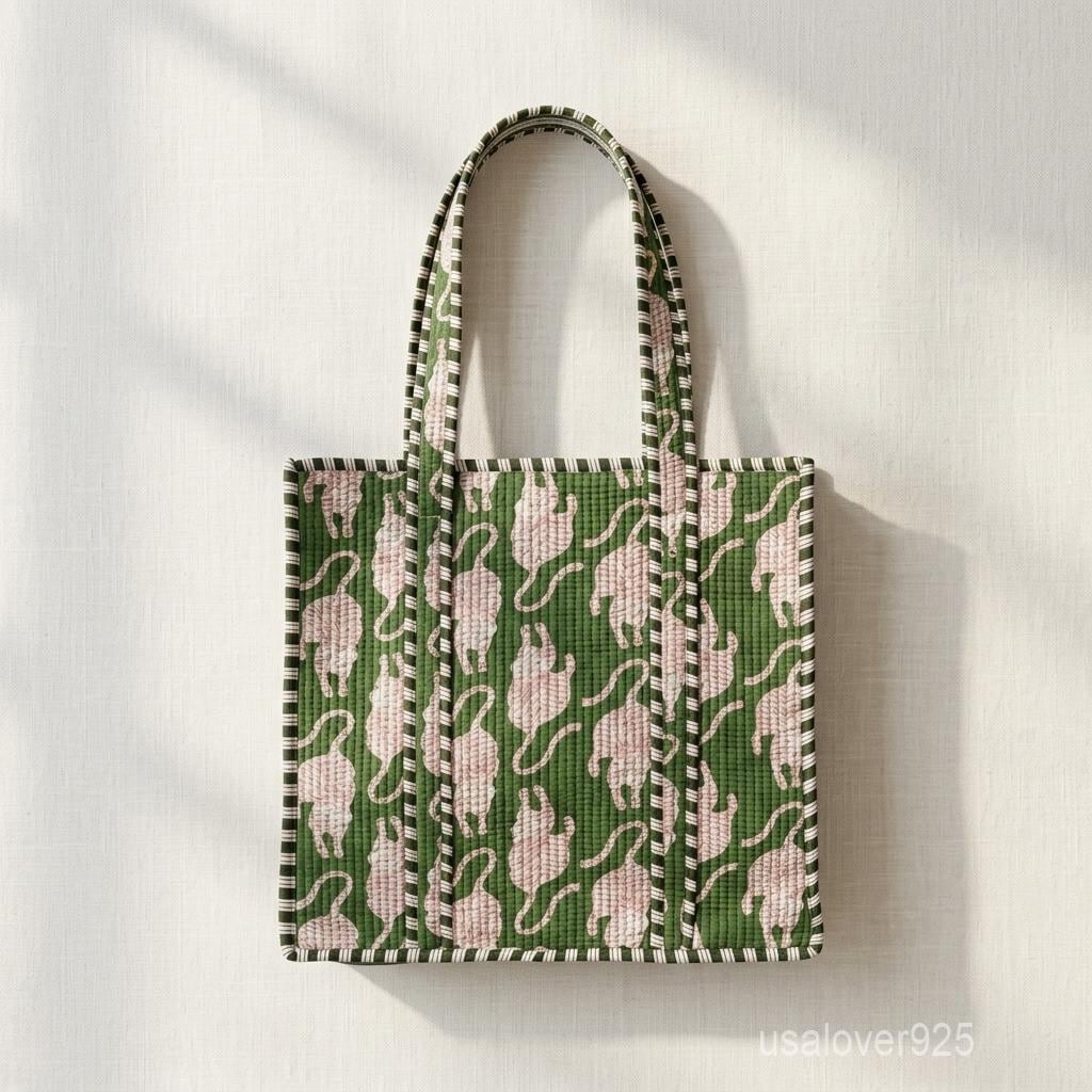 Green Tiger Quilted Tote, Handmade Cotton Carryall, Boho Market Shopper, Reusable Everyday Shoulder Bag