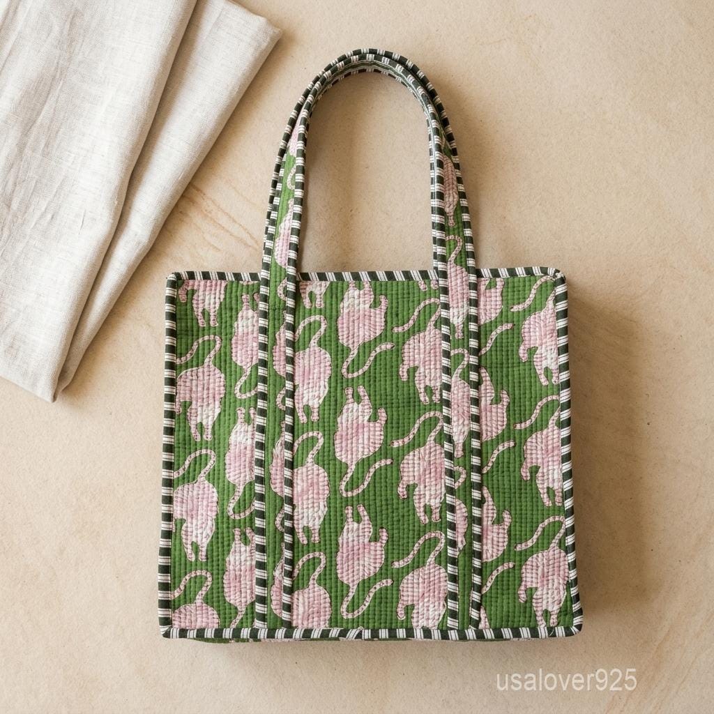 Green Tiger Quilted Tote, Handmade Cotton Carryall, Boho Market Shopper, Reusable Everyday Shoulder Bag