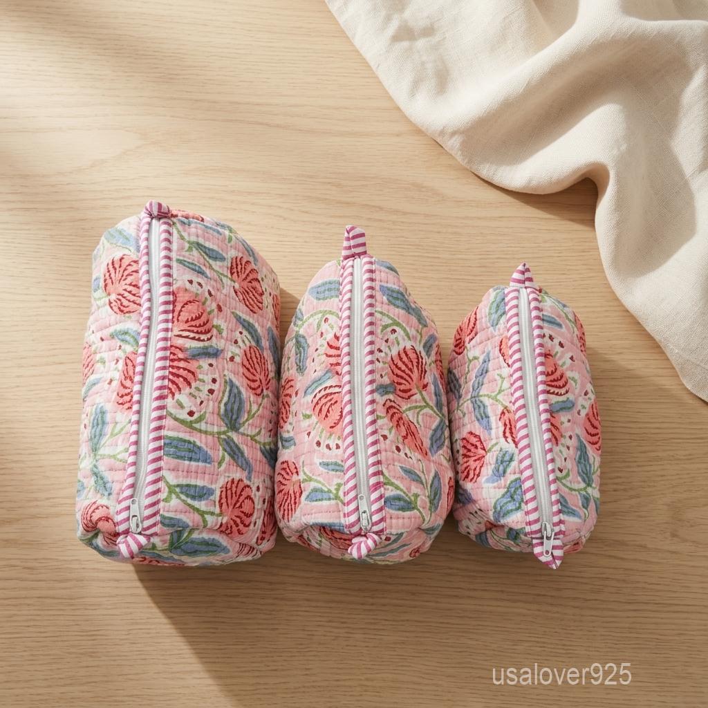 Pink Floral Makeup Pouch Set, Quilted Cotton Organizers, Travel Cosmetic Cases, Handmade Toiletry Trio