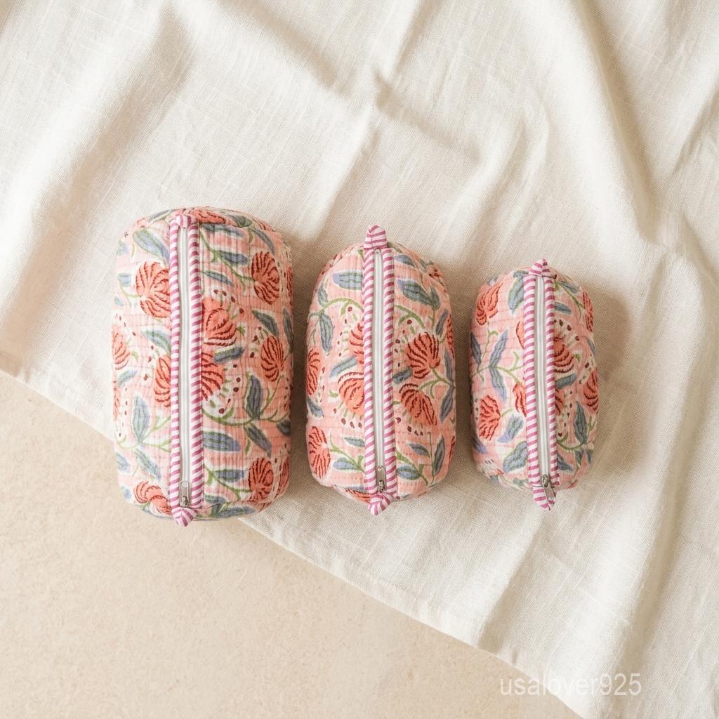 Pink Floral Makeup Pouch Set, Quilted Cotton Organizers, Travel Cosmetic Cases, Handmade Toiletry Trio