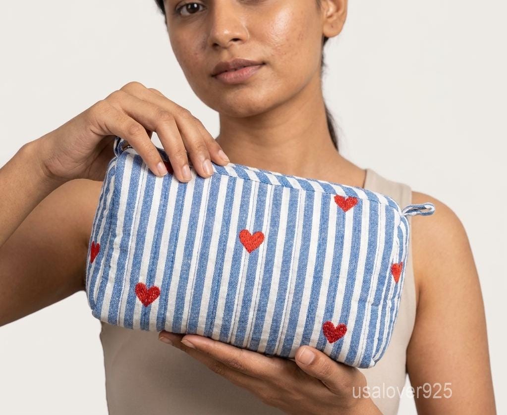 Blue Heart Makeup Pouch Set, Quilted Cotton Organizers, Striped Toiletry Cases, Travel Cosmetic Trio
