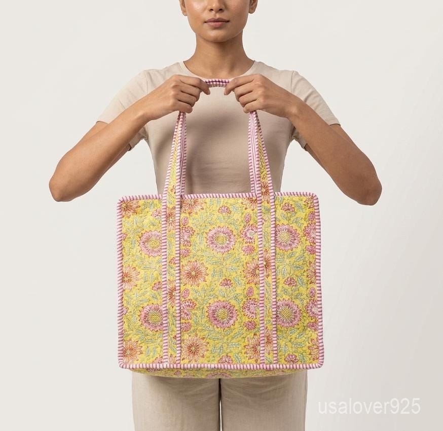 Sunflower Quilted Tote Bag, Yellow Block Print Cotton Shopper, Pink Strap Shoulder Purse