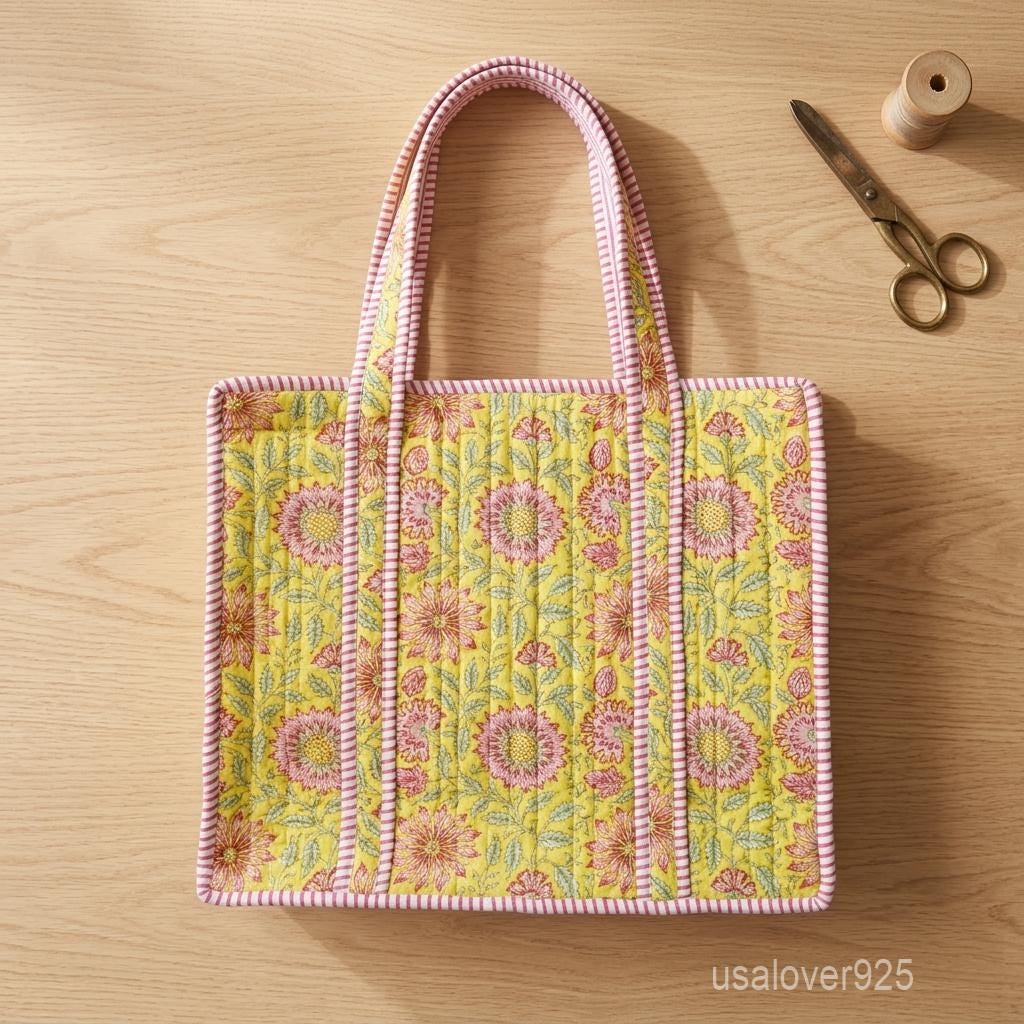 Sunflower Quilted Tote Bag, Yellow Block Print Cotton Shopper, Pink Strap Shoulder Purse