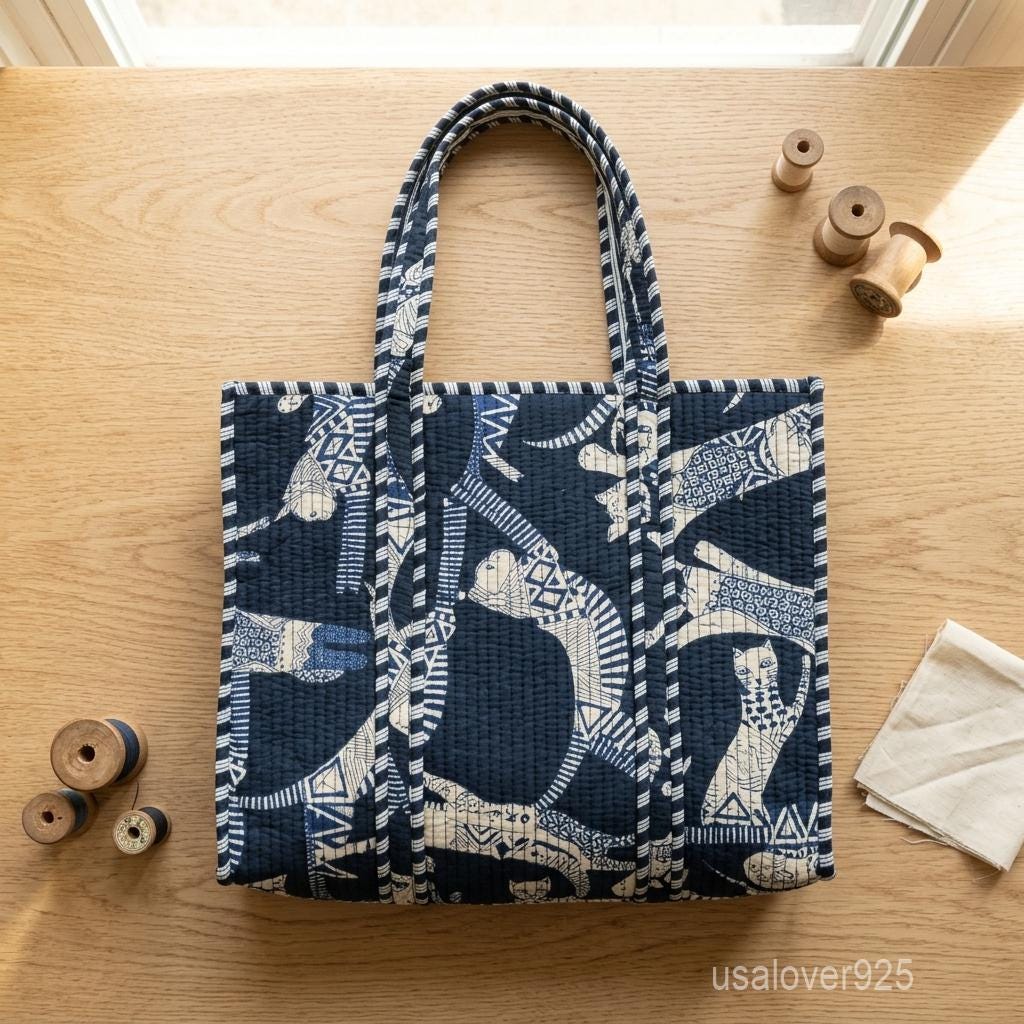 Indigo Cat Quilted Cotton Tote Bag, Block Print Shoulder Purse, Handmade Feline Market Bag