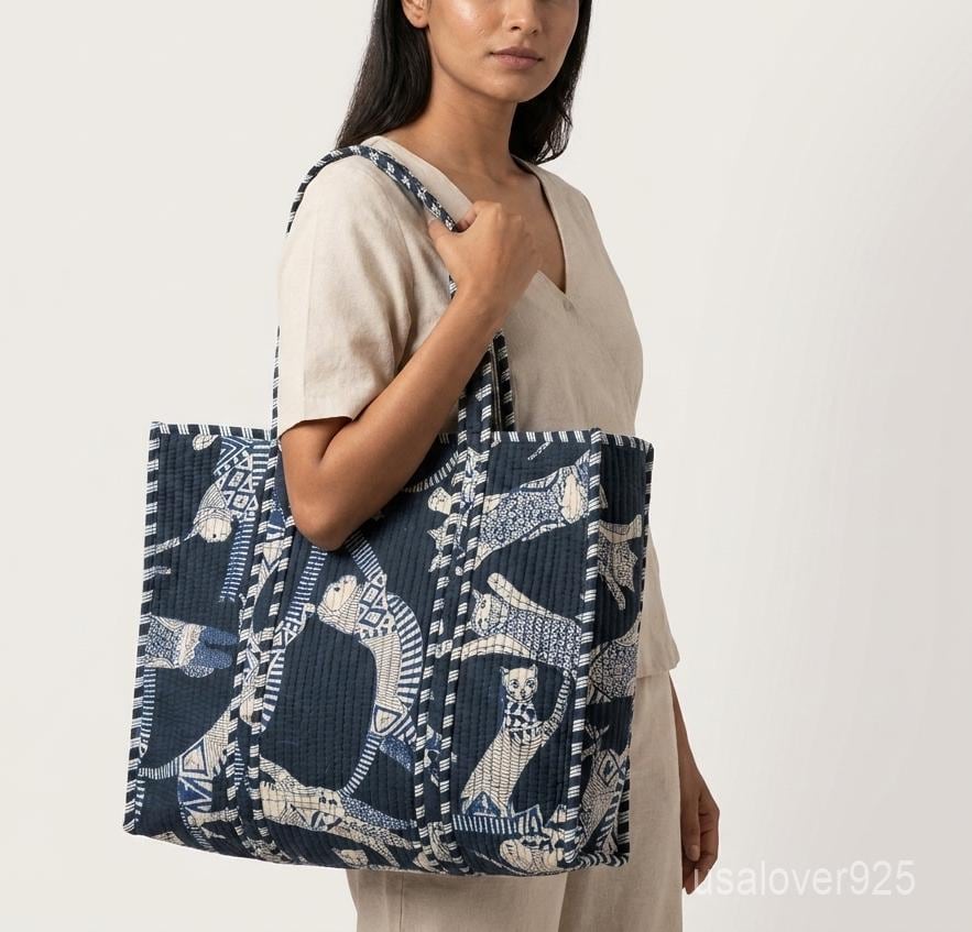 Indigo Cat Quilted Cotton Tote Bag, Block Print Shoulder Purse, Handmade Feline Market Bag