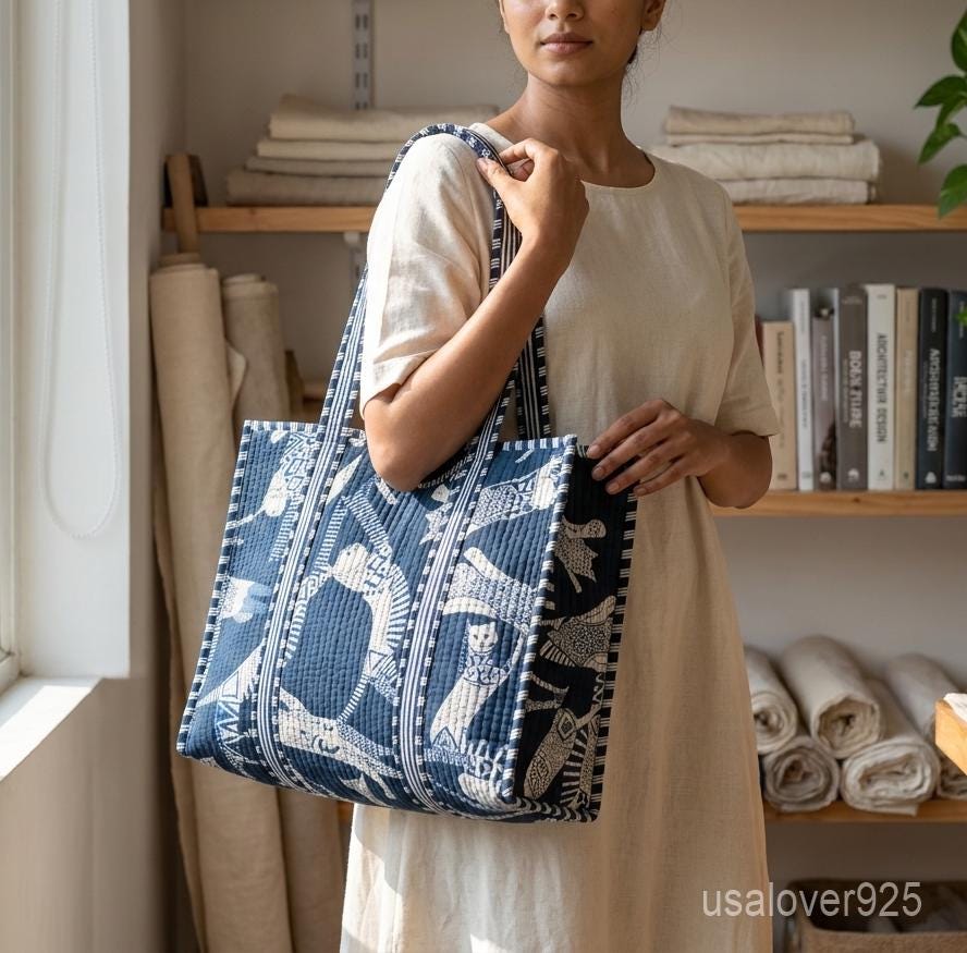Indigo Cat Quilted Cotton Tote Bag, Block Print Shoulder Purse, Handmade Feline Market Bag