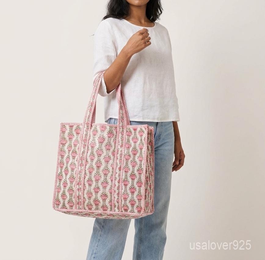 Pink Floral Quilted Tote Bag - Hand Block Print Cotton Shoulder Carryall