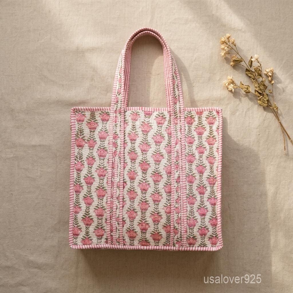 Pink Floral Quilted Tote Bag - Hand Block Print Cotton Shoulder Carryall