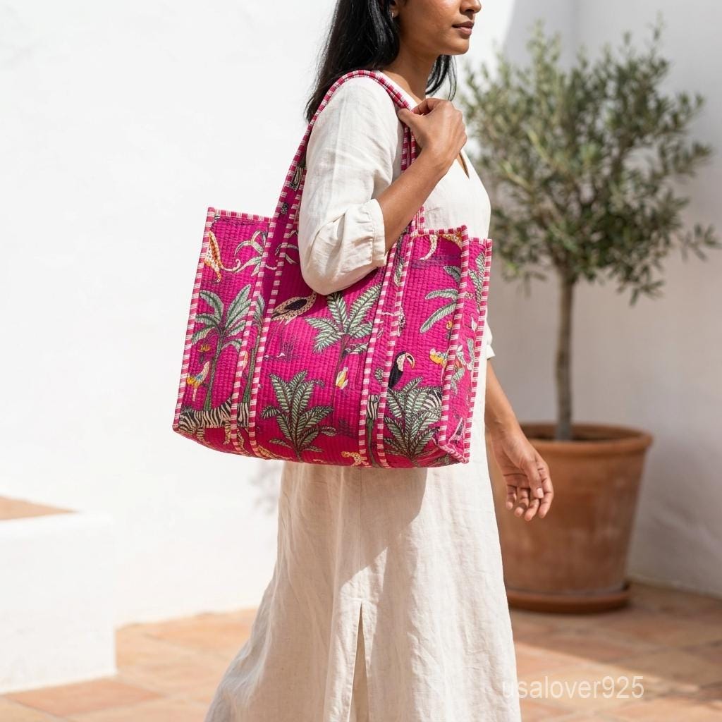 Pink Tropical Animal Print Quilted Tote Bag - Leopard and Flamingo Jungle Pattern Handbag