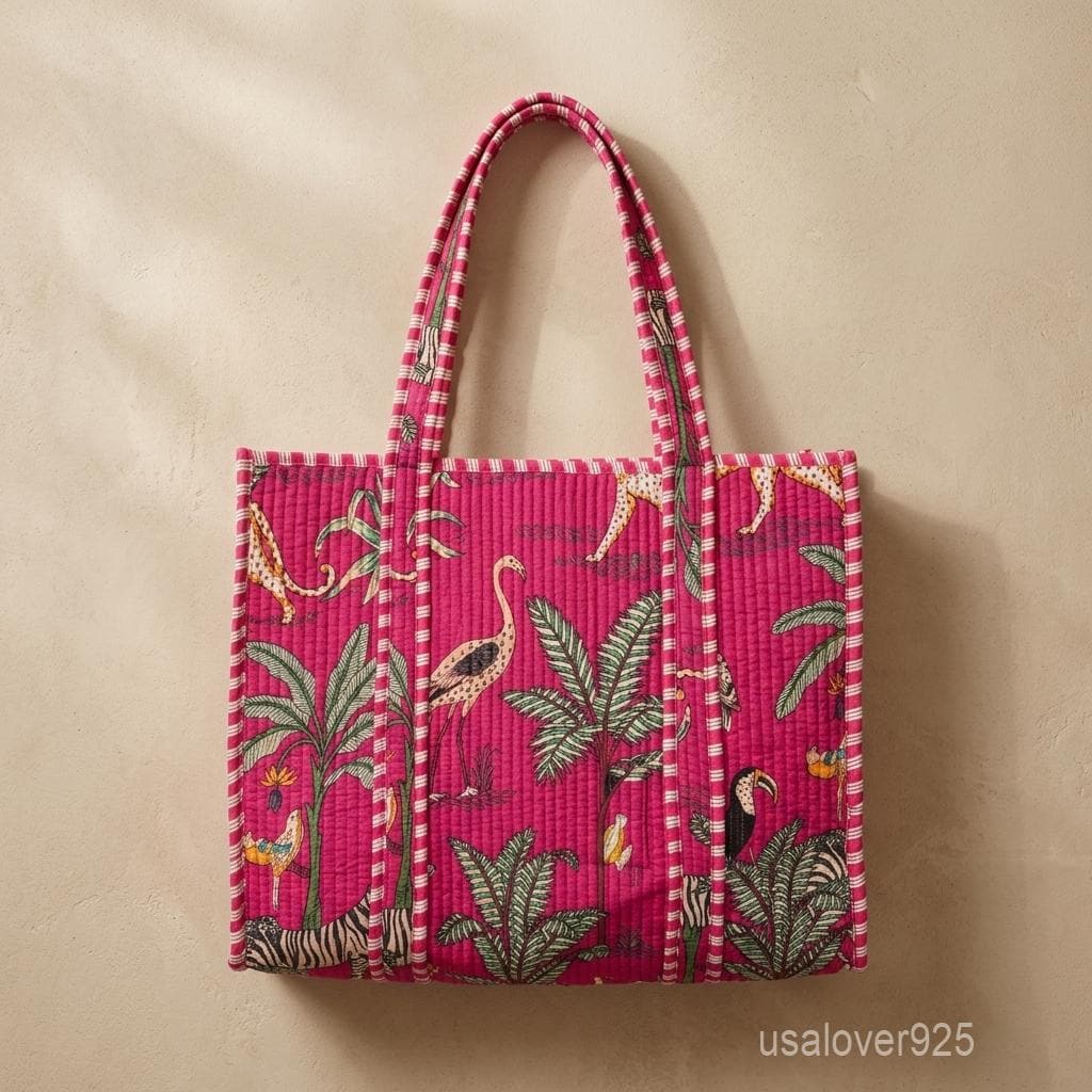 Pink Tropical Animal Print Quilted Tote Bag - Leopard and Flamingo Jungle Pattern Handbag