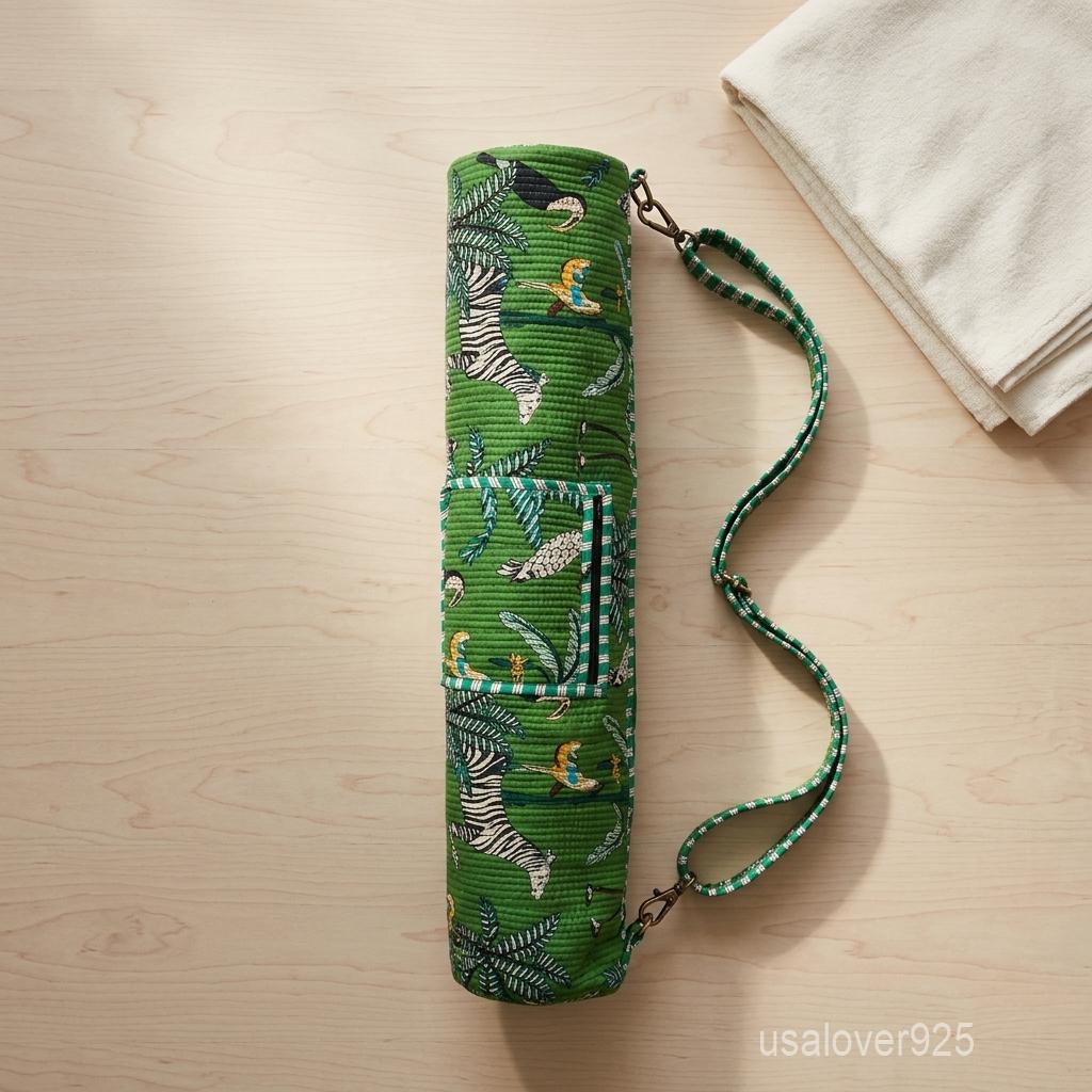 Green Tropical Safari Yoga Mat Bag - Quilted Cotton Hand Block Print Pilates Carrier