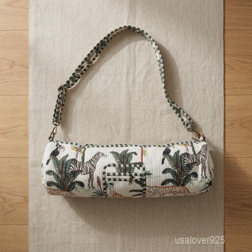 White Tropical Safari Yoga Mat Bag - Quilted Cotton Carrier Adjustable Strap