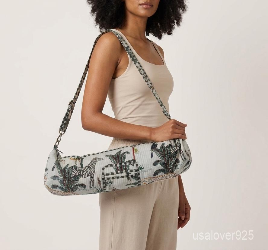 White Tropical Safari Yoga Mat Bag - Quilted Cotton Carrier Adjustable Strap