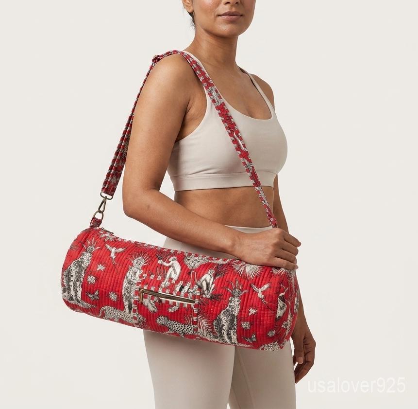 Red Safari Yoga Bag, Quilted Cotton Mat Carrier, Adjustable Pilates Tote Handmade