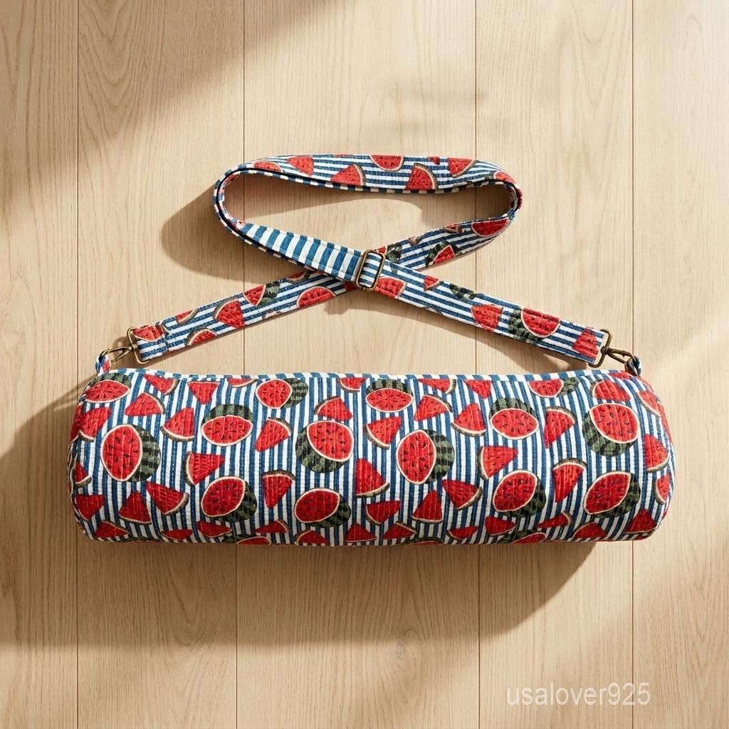 Watermelon Fruit Quilted Cotton Yoga Mat Bag - Striped Hand Block Print Pilates Carrier