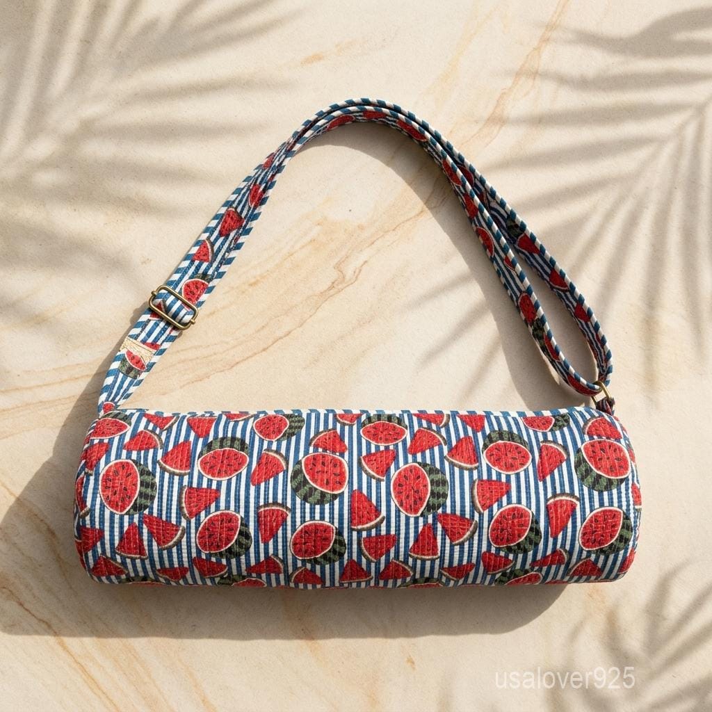 Watermelon Fruit Quilted Cotton Yoga Mat Bag - Striped Hand Block Print Pilates Carrier