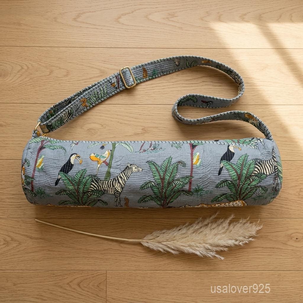 Grey Tropical Safari Quilted Yoga Mat Bag - Hand Block Print Carrier Strap