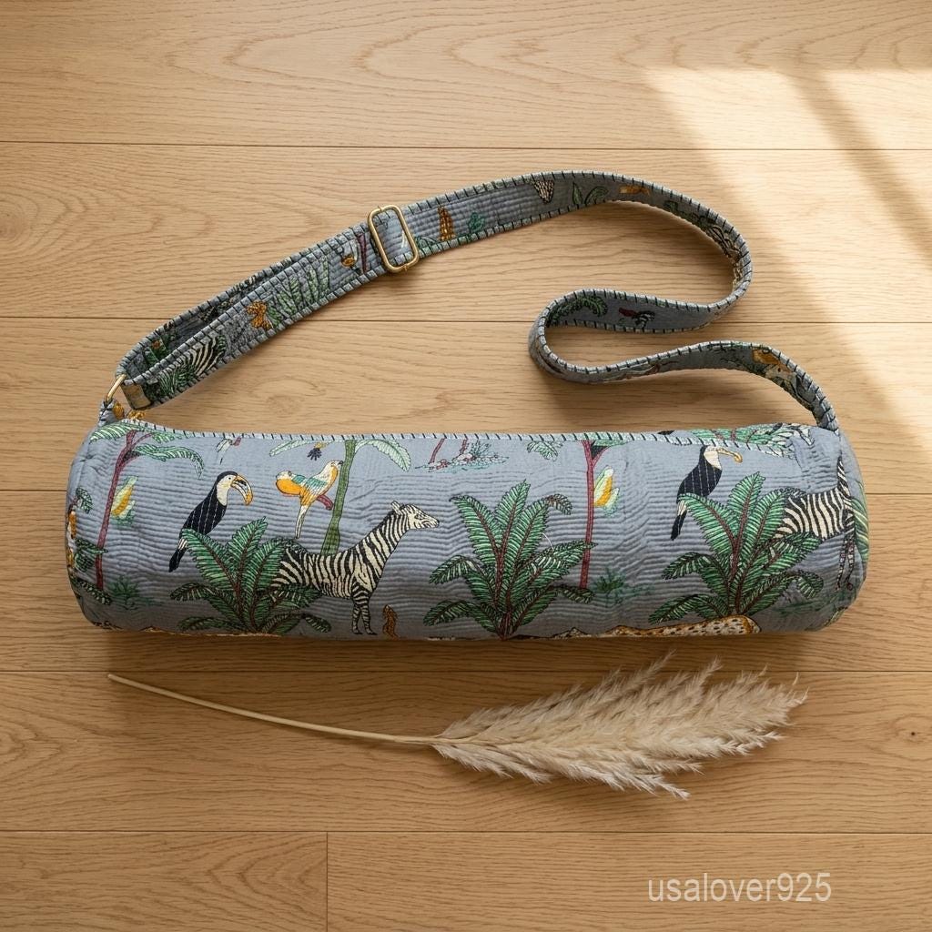 Grey Tropical Safari Quilted Yoga Mat Bag - Hand Block Print Carrier Strap