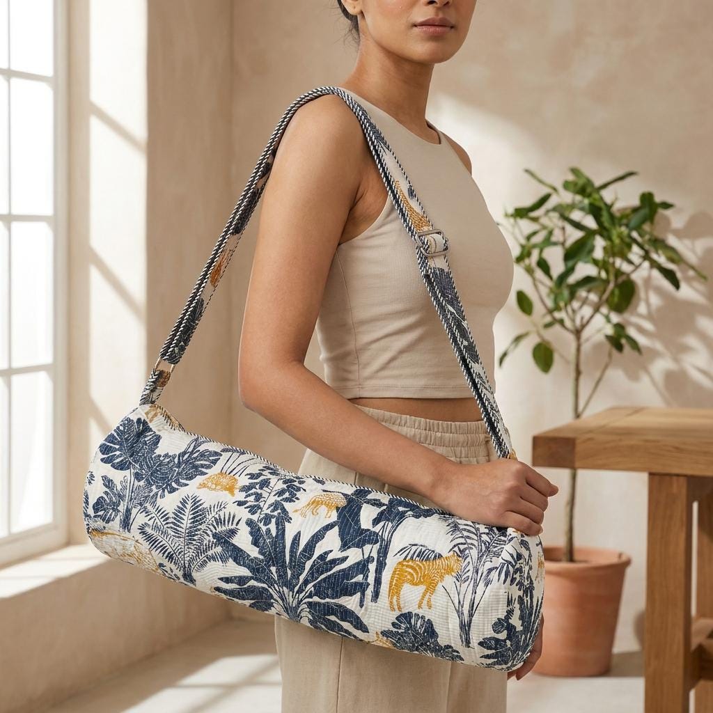 Indigo Gold Tiger Quilted Yoga Mat Bag - Safari Cotton Carrier Strap - Hand Block Print