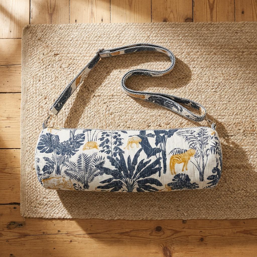 Indigo Gold Tiger Quilted Yoga Mat Bag - Safari Cotton Carrier Strap - Hand Block Print