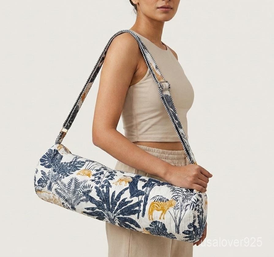 Indigo Gold Tiger Quilted Yoga Mat Bag - Safari Cotton Carrier Strap - Hand Block Print