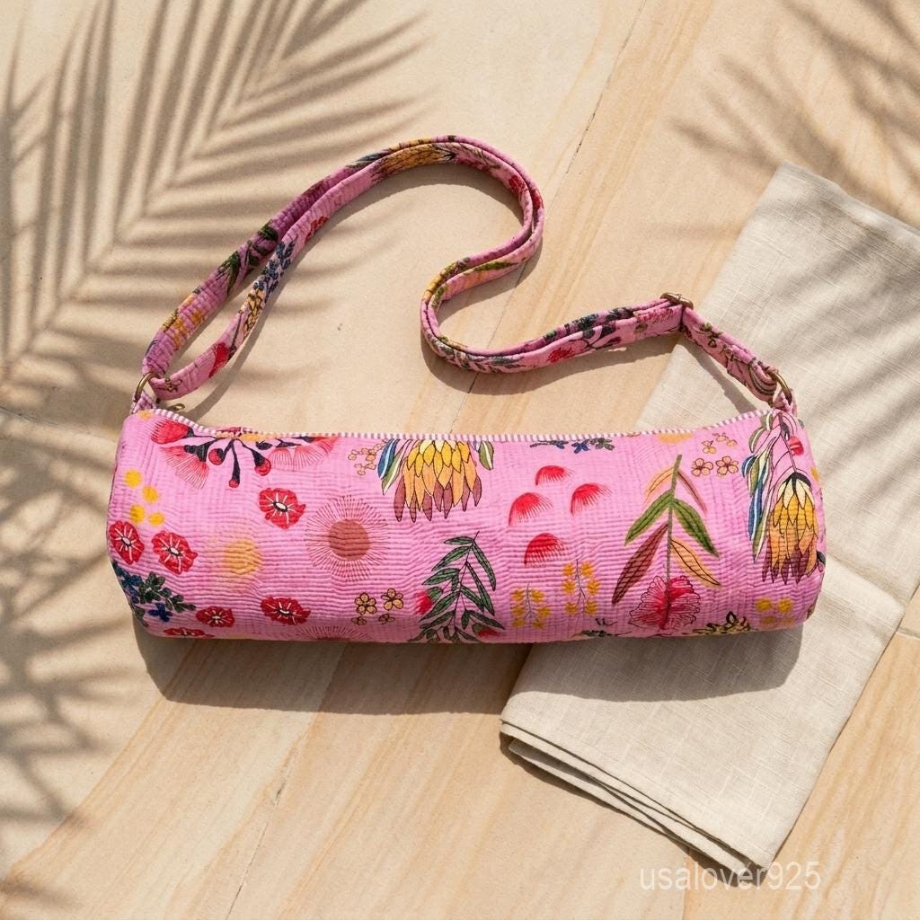 Handmade Pink Floral Quilted Cotton Yoga Mat Bag With Strap Travel Gym Pilates Carrier