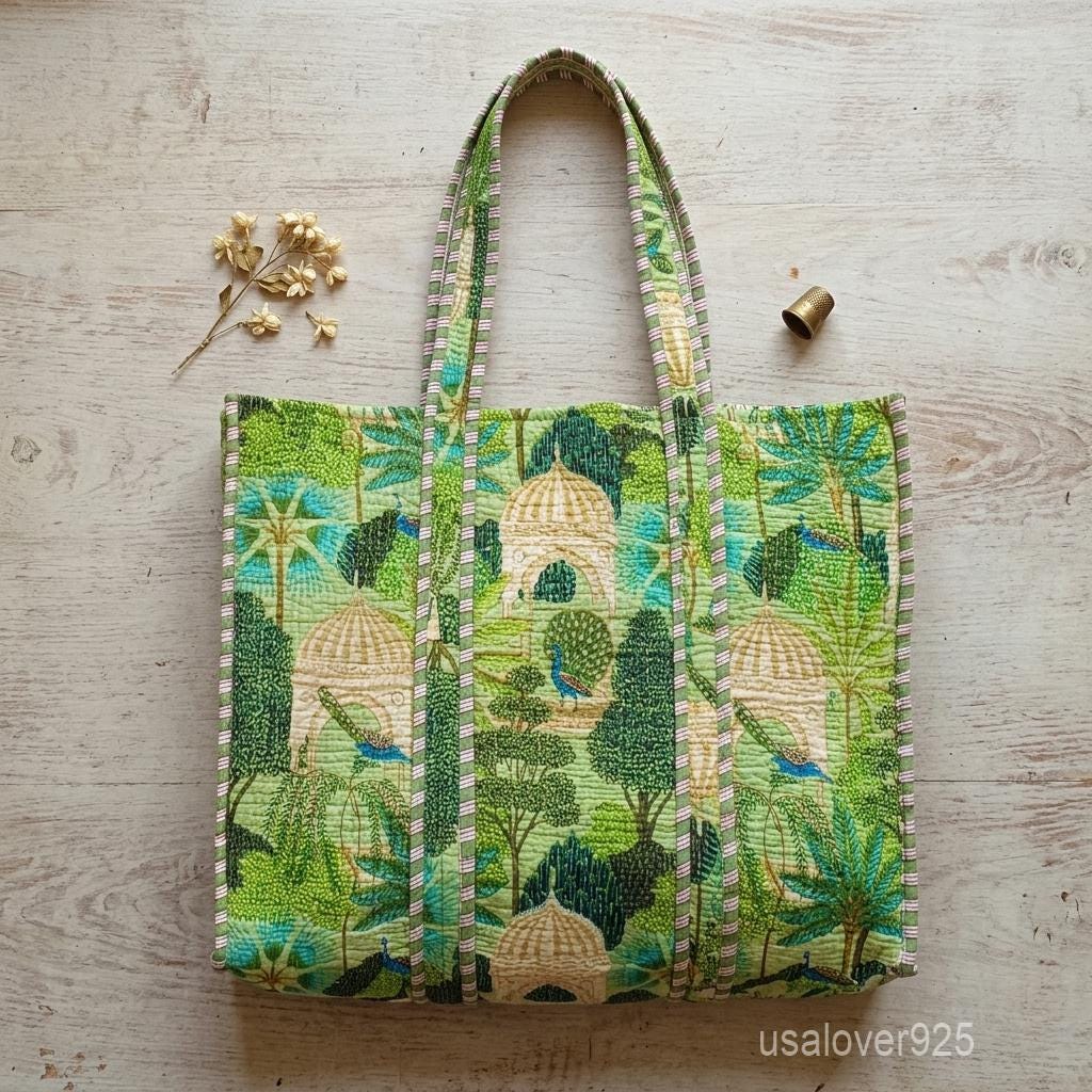Handmade Quilted Cotton Tote Bag Mughal Garden Peacock Print Indian Block Large Market Shopper