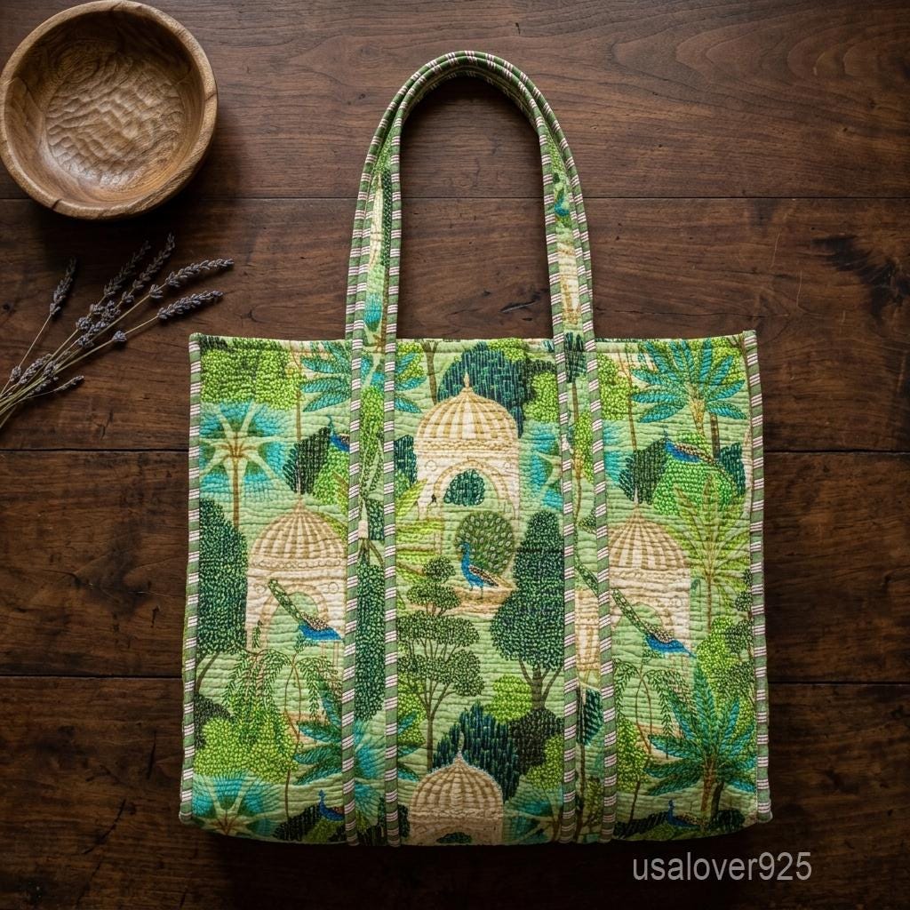 Handmade Quilted Cotton Tote Bag Mughal Garden Peacock Print Indian Block Large Market Shopper
