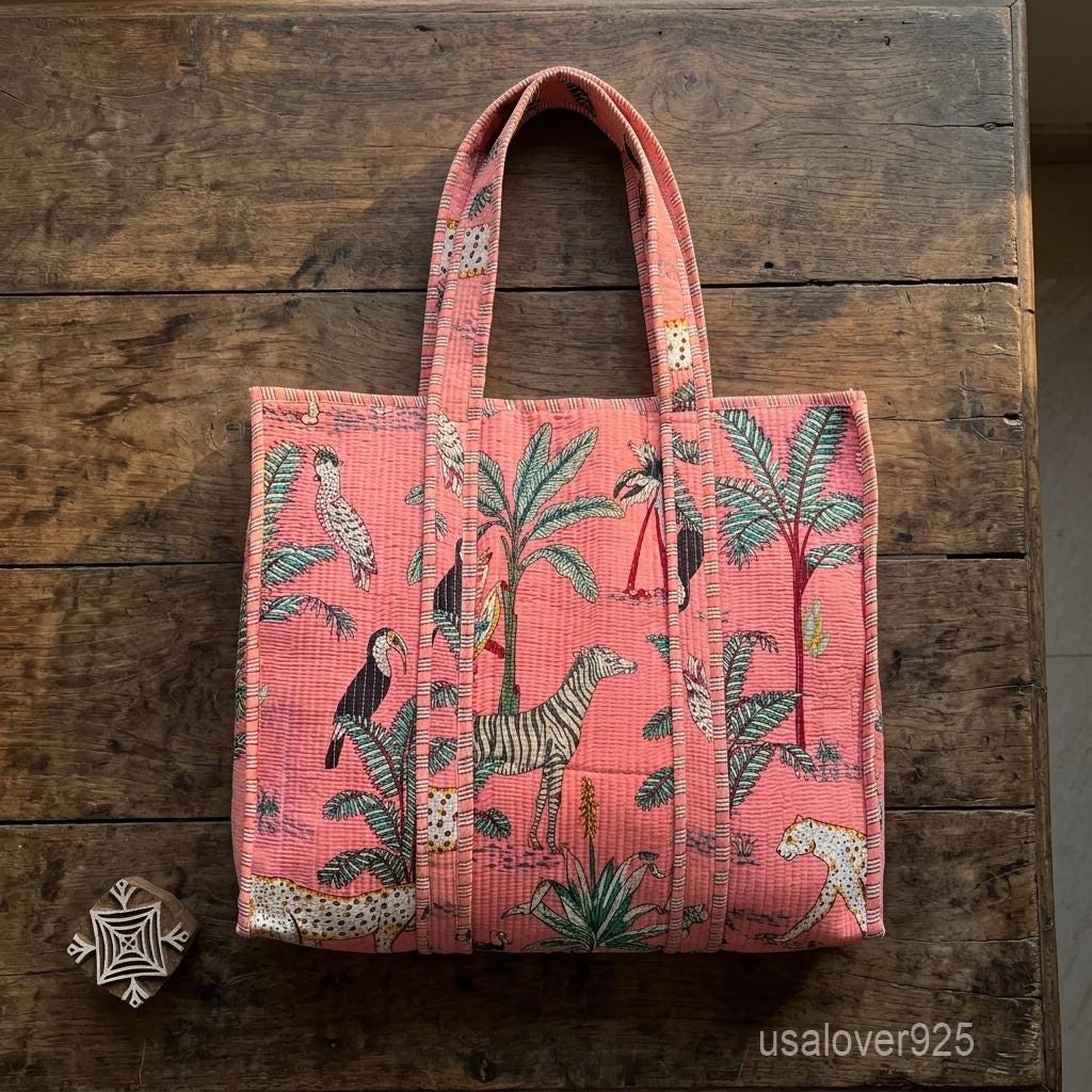 Handmade Pink Quilted Cotton Tote Bag Jungle Safari Animal Print Large Beach Market Shopper