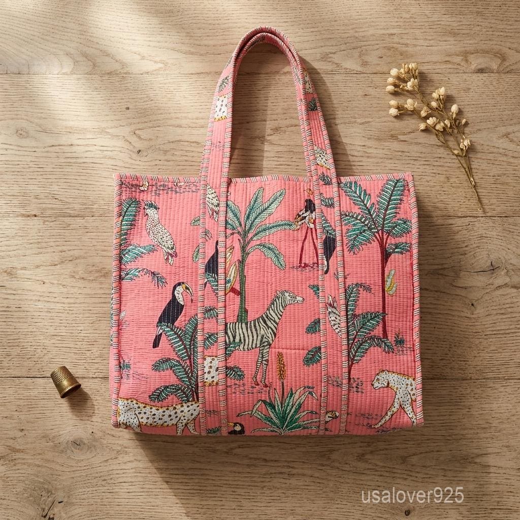 Handmade Pink Quilted Cotton Tote Bag Jungle Safari Animal Print Large Beach Market Shopper