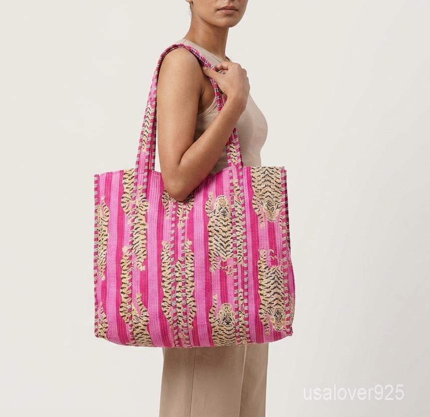 Handmade Pink Quilted Cotton Tote Bag Tiger Stripe Print Large Beach Market Boho Shopper