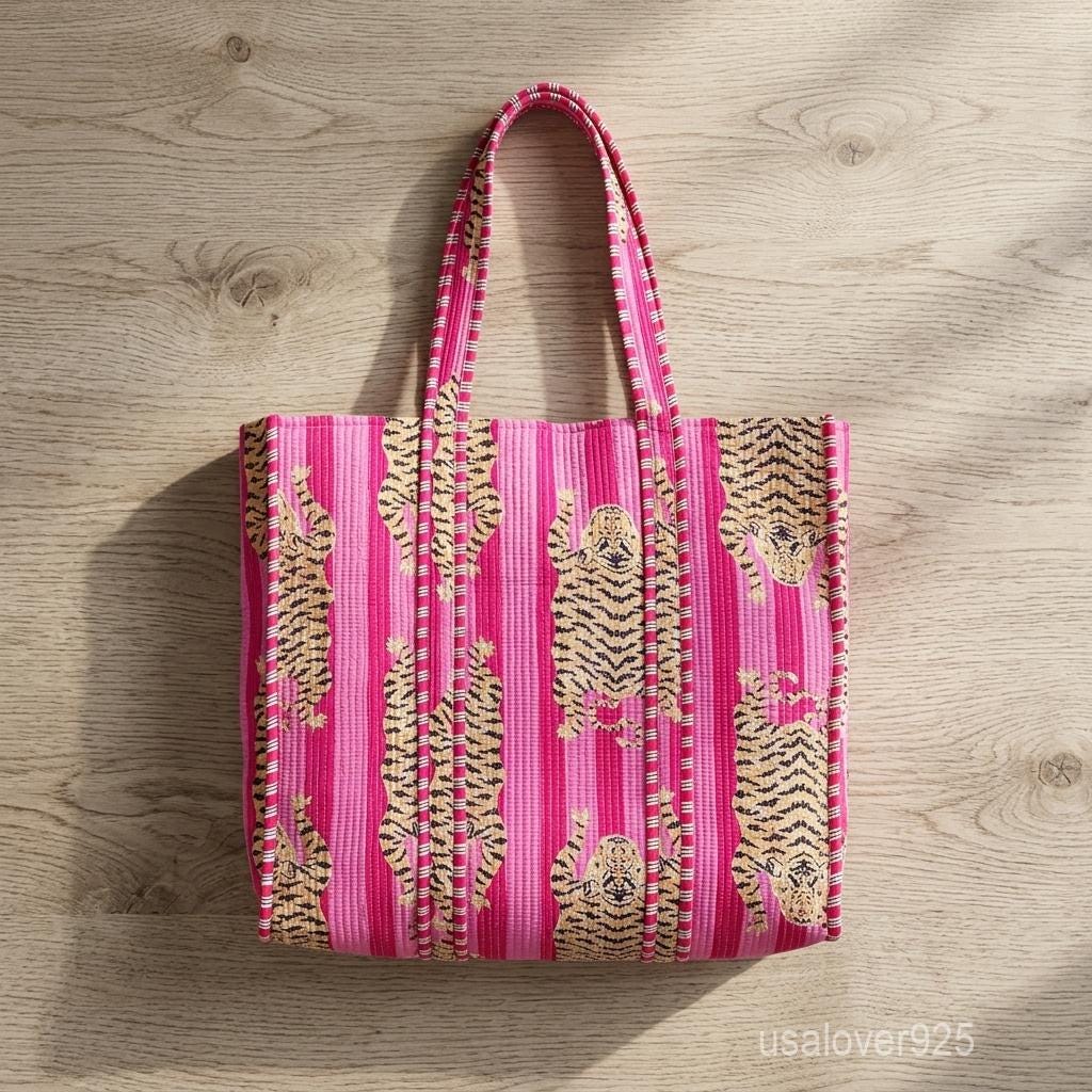 Handmade Pink Quilted Cotton Tote Bag Tiger Stripe Print Large Beach Market Boho Shopper