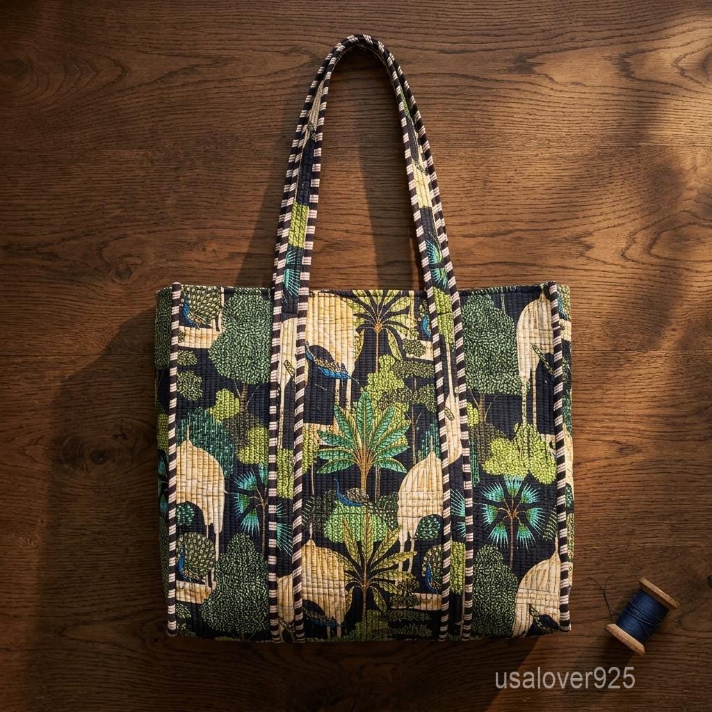 Black Peacock Palace Quilted Tote Bag - Heritage Garden Cotton Shoulder Carryall