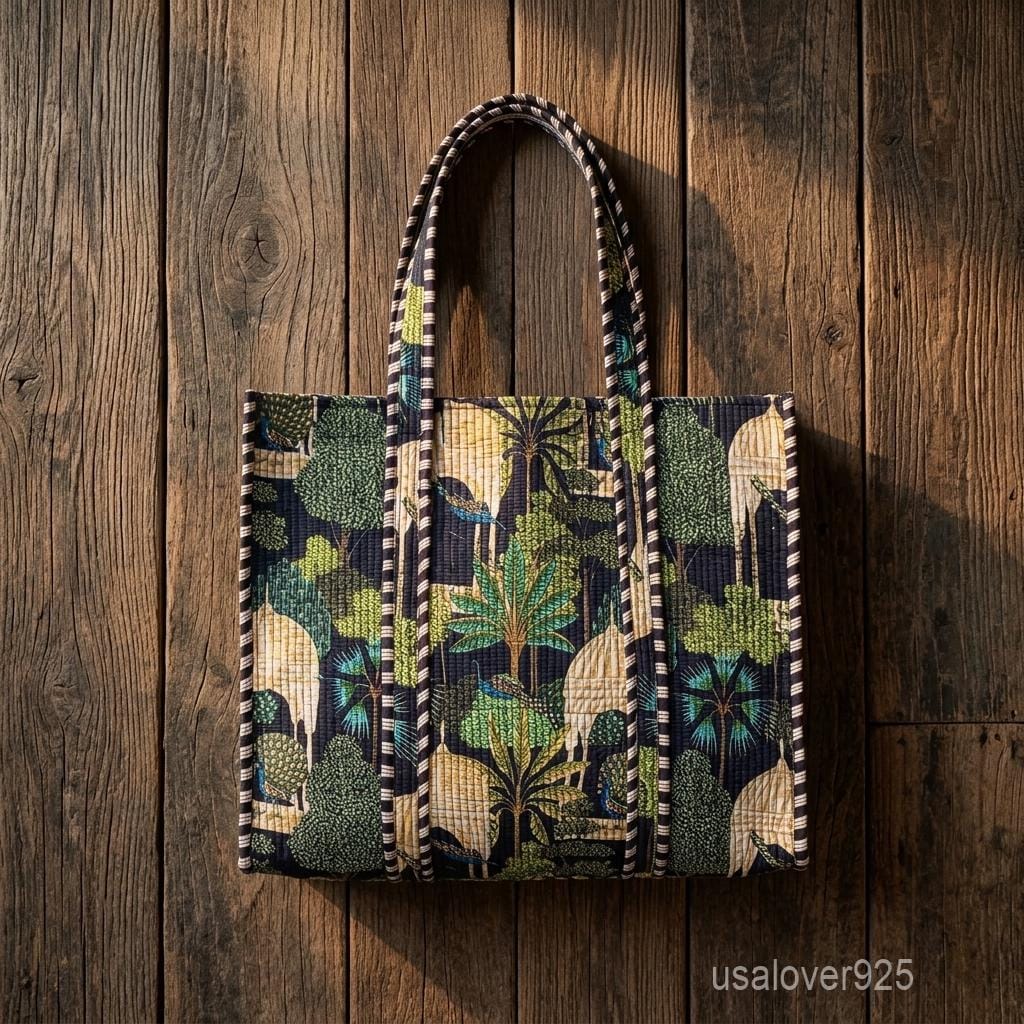 Black Peacock Palace Quilted Tote Bag - Heritage Garden Cotton Shoulder Carryall