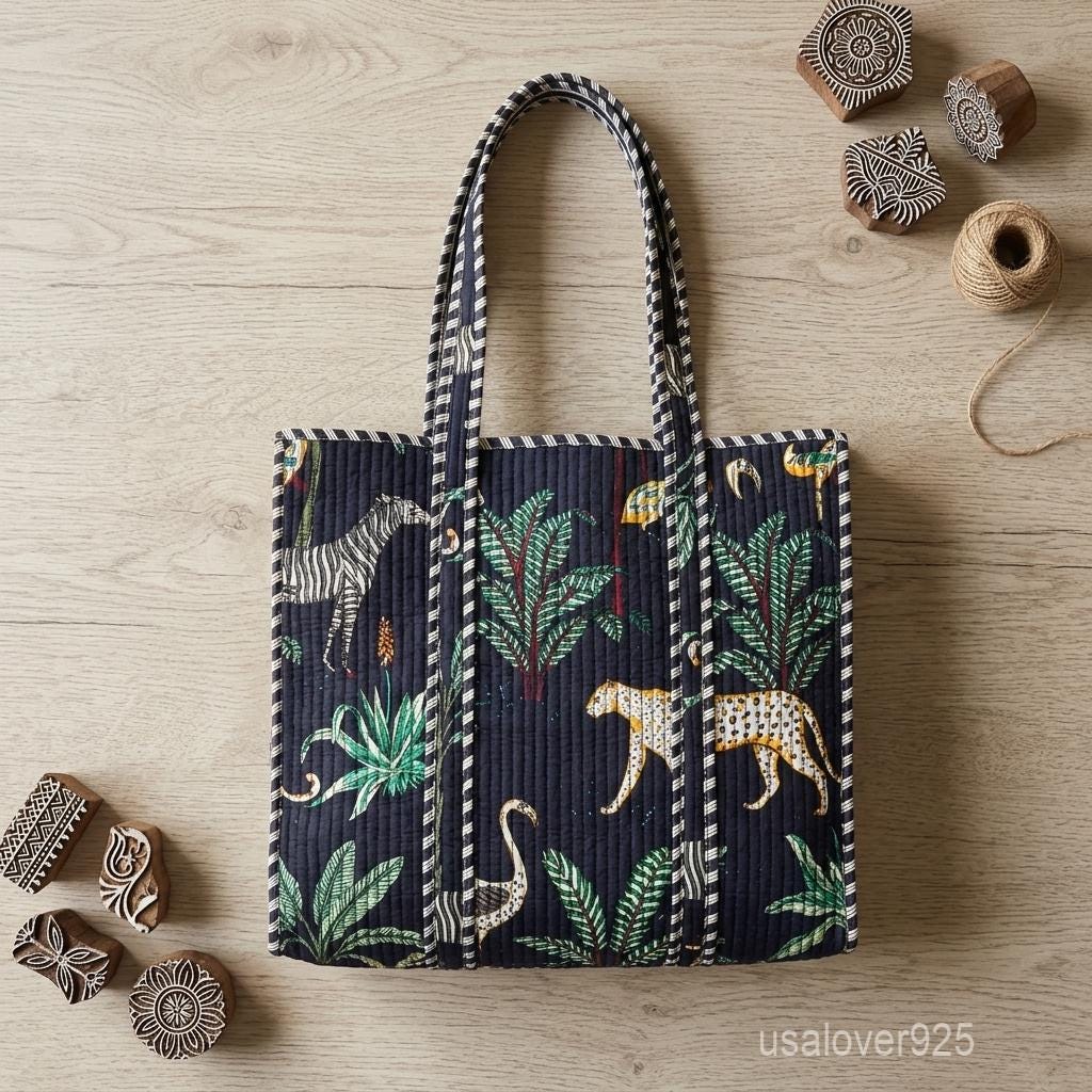 Handmade Quilted Cotton Tote Bag Jungle Safari Leopard Zebra Print Large Beach Shopper